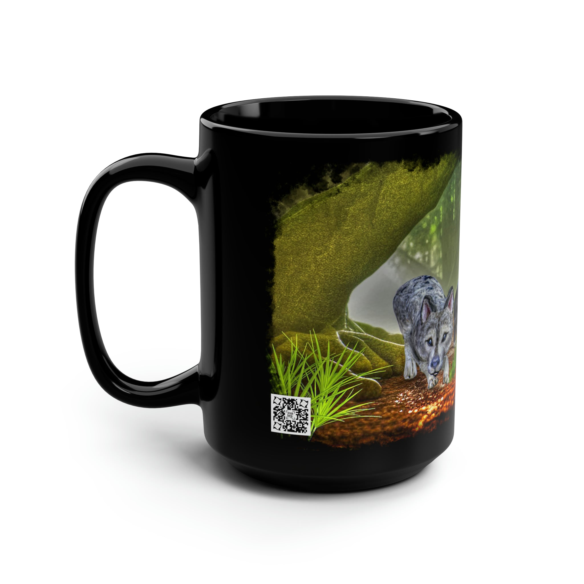 Anihowls™ ~ WOLF PUPS EXPLORING, Black Mug, 15oz