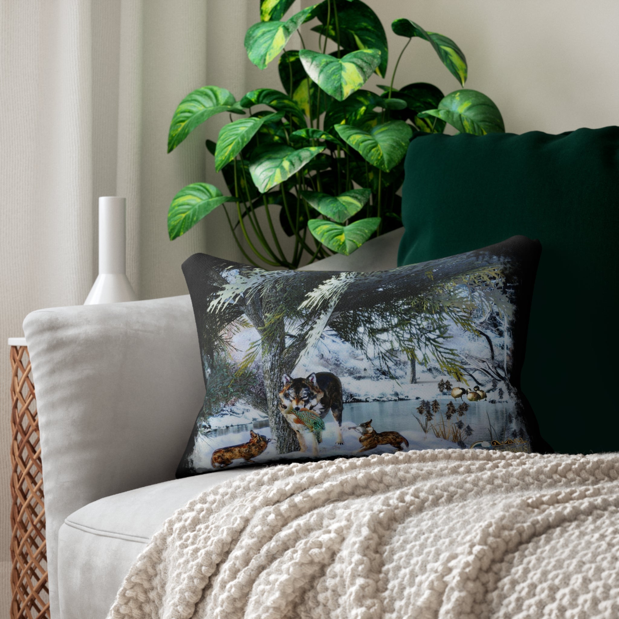 Anihowls™ Wolves WINTER POND Lumbar Pillow