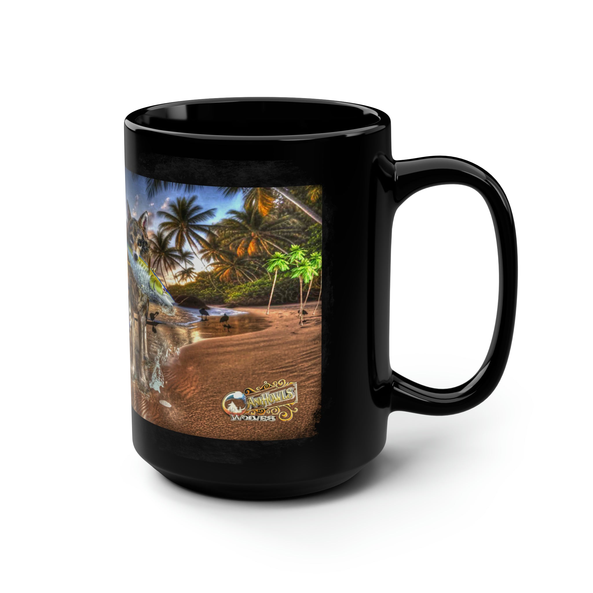 Anihowls™ ~ WOLVES ON BEACH, Black Mug, 15oz