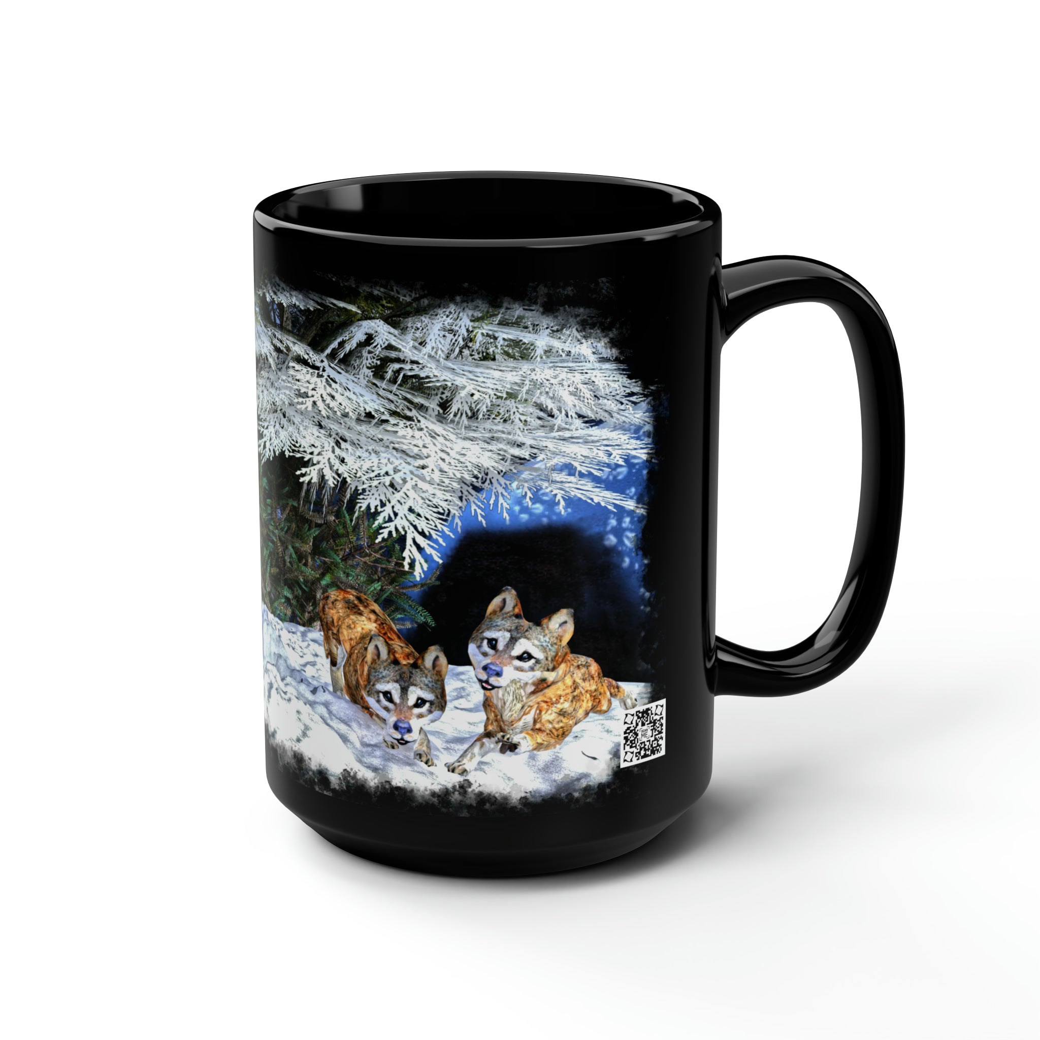 Anihowls™ ~ WOLF PUPS WINTER CARDINAL, Black Mug, 15oz