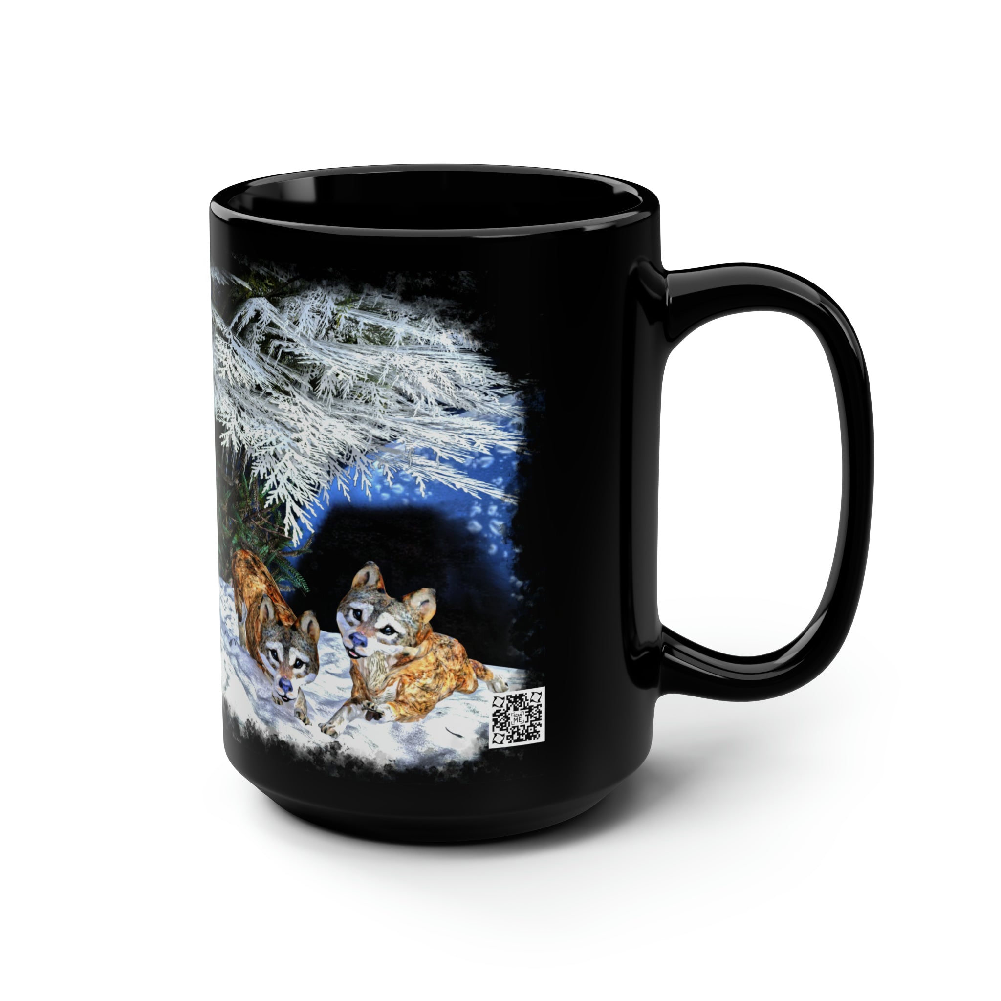 Anihowls™ ~ WOLF PUPS WINTER CARDINAL, Black Mug, 15oz