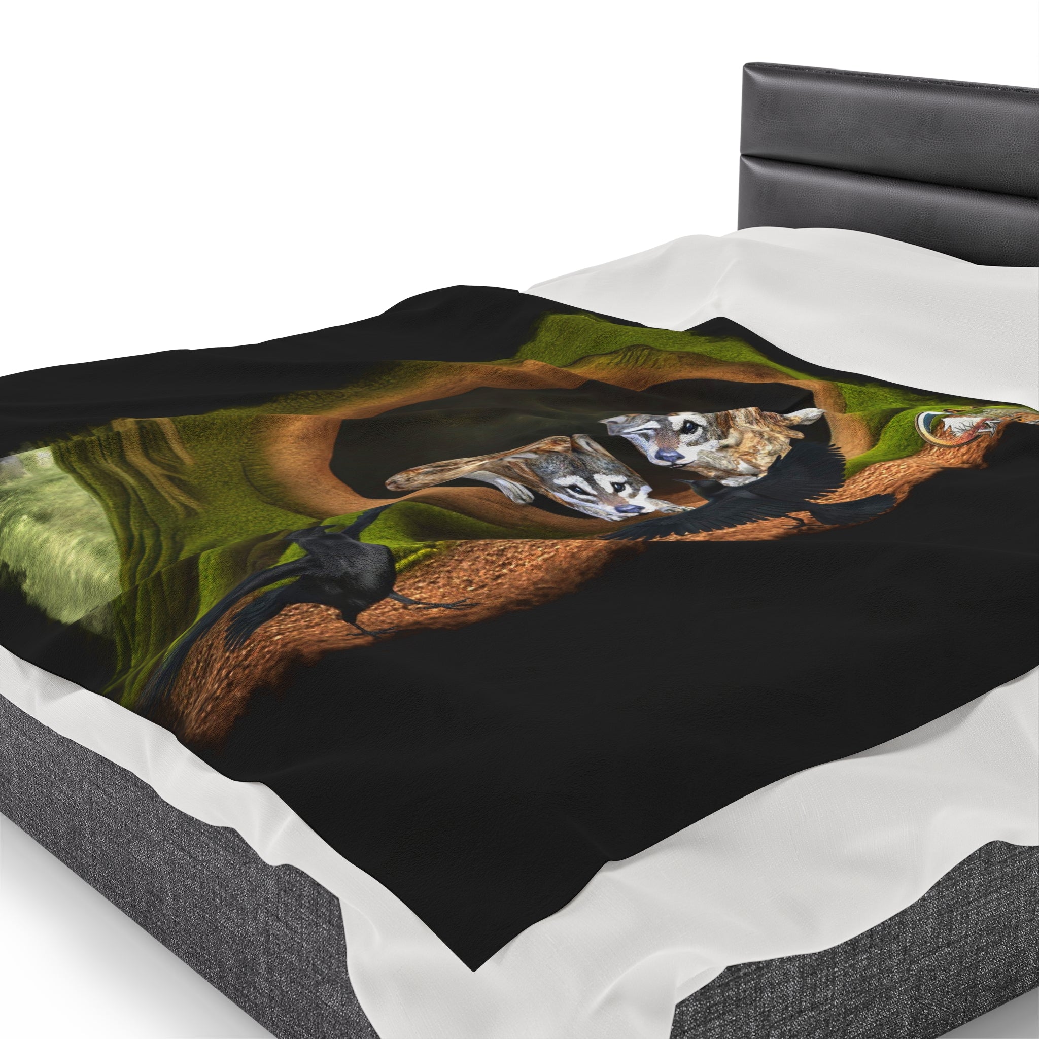 Anihowls™ Wolves ~ PUPS WITH CROWS Velveteen Plush Blanket