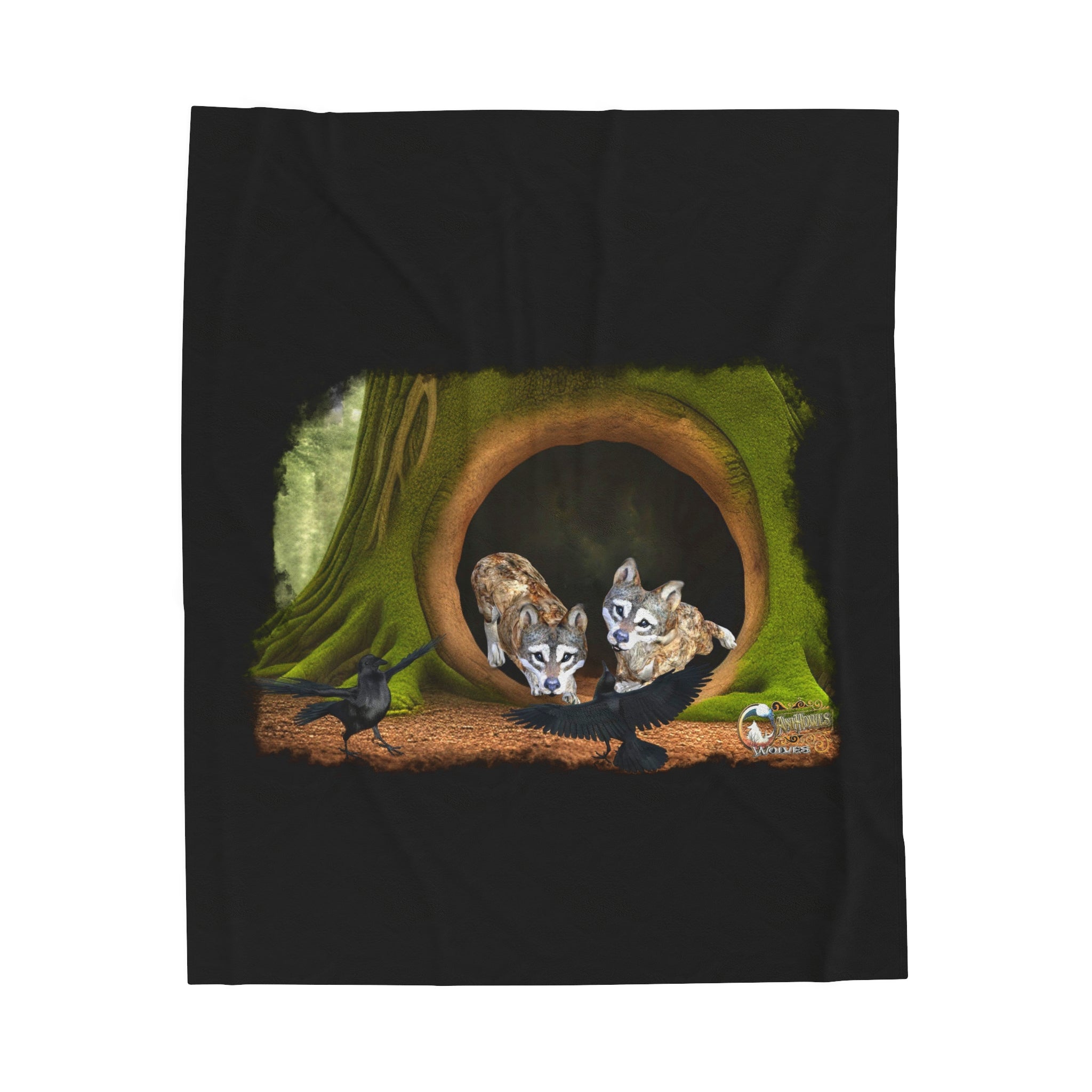 Anihowls™ Wolves ~ PUPS WITH CROWS Velveteen Plush Blanket