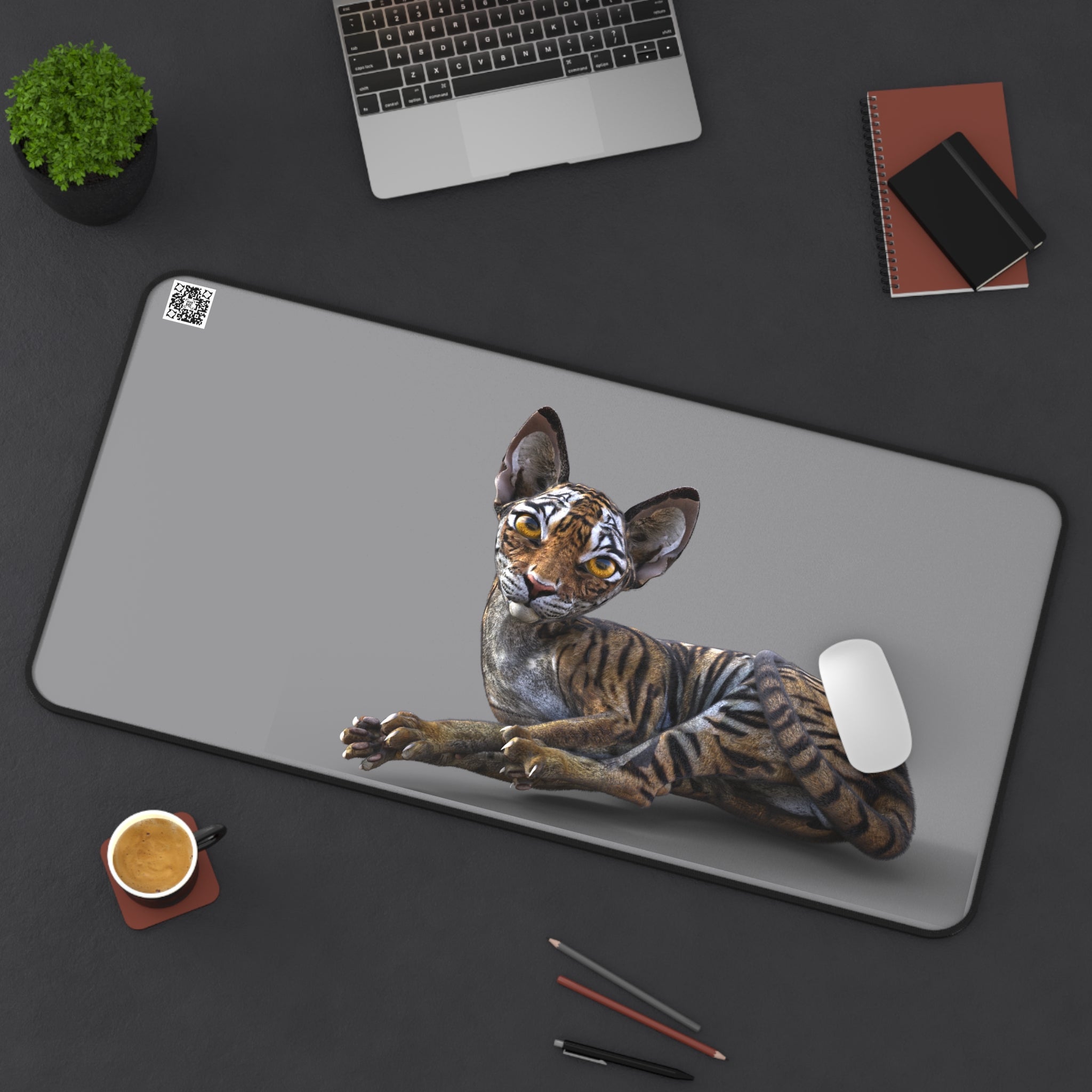 Tiger Sphynx Cat LOOKING AT YOU ~ Grey Desk Mat