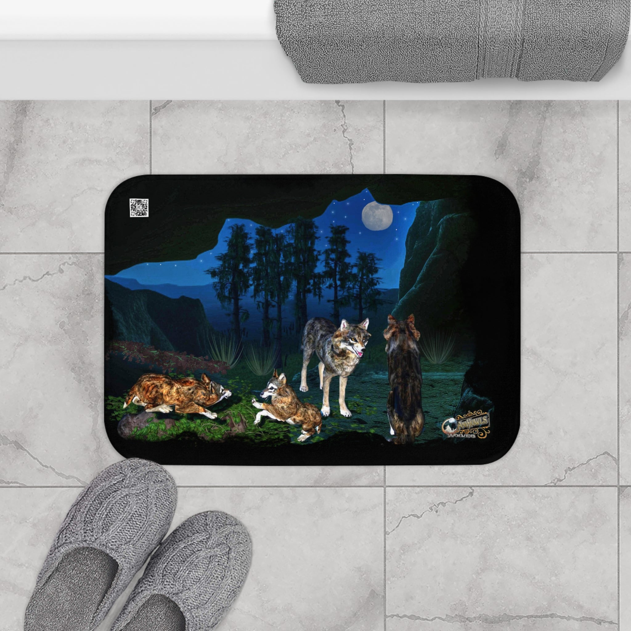 Anihowls™ Wolves~ FOREST CAVE AT NIGHT Bath Mat