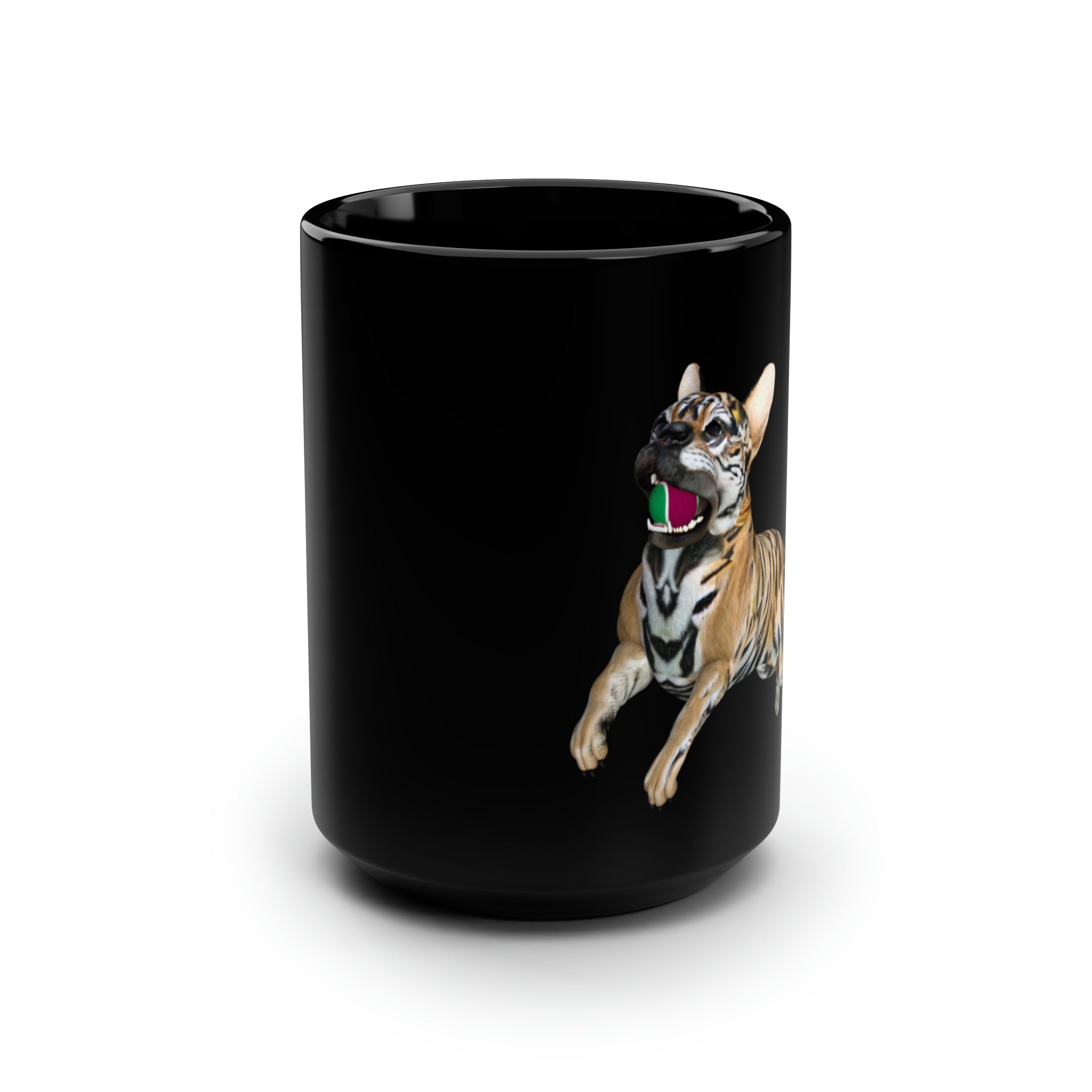 Tiger Frenchie (French Bulldog) TENNIS BALL ~ Black Mug, 15oz *Limited Edition