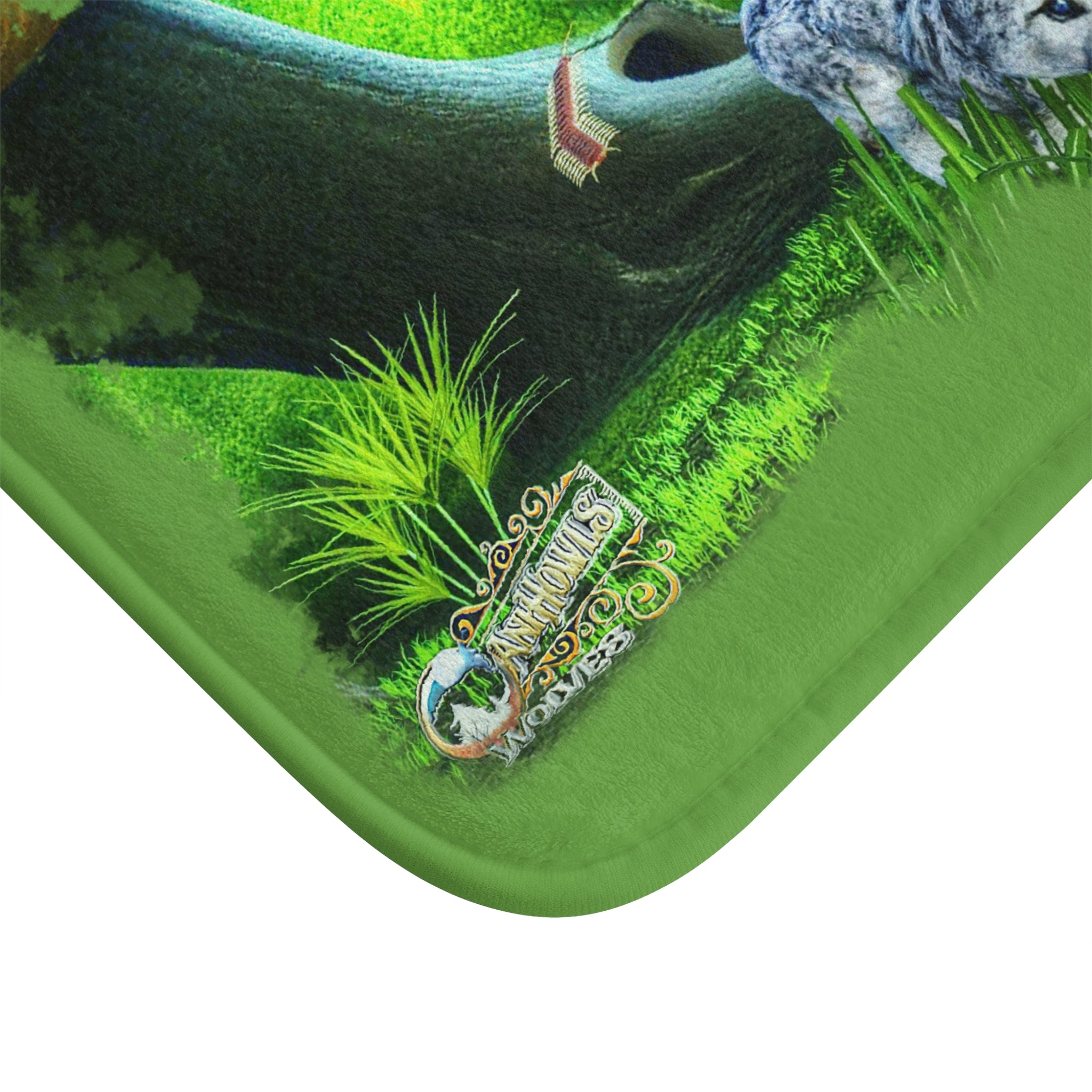Anihowls™ ~ Wolf Pups PORTRAIT IN THE WOODS, Green Bath Mat