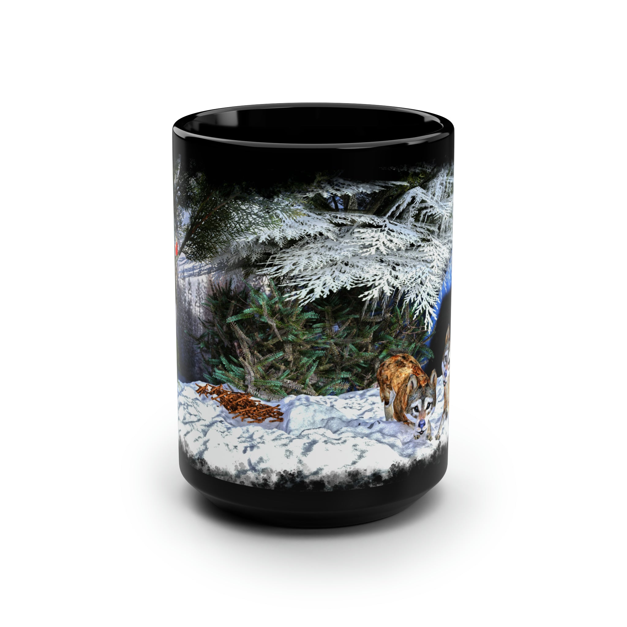 Anihowls™ ~ WOLF PUPS WINTER CARDINAL, Black Mug, 15oz