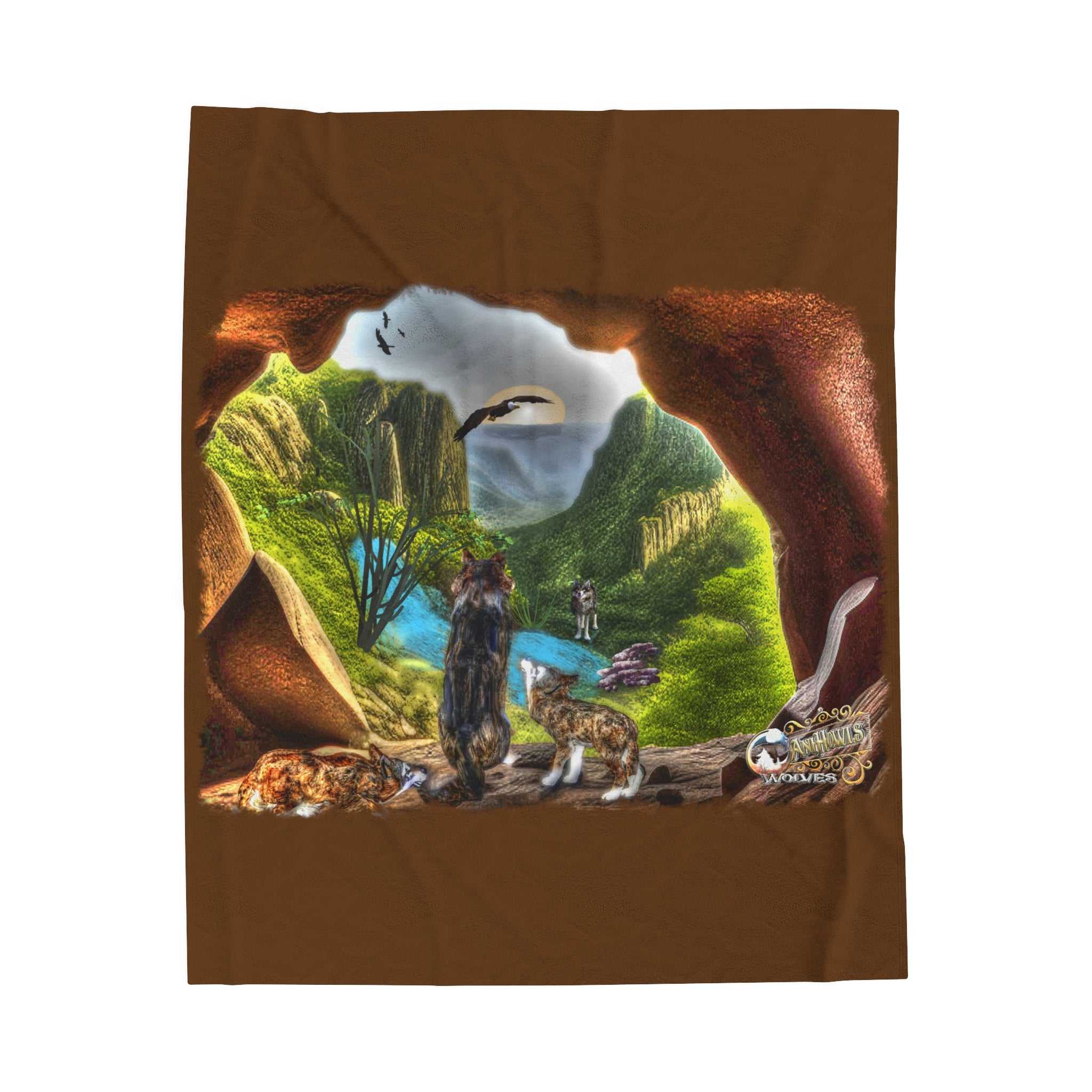 Anihowls™ Wolves ~ MOUNTAIN CAVE OVERLOOK Velveteen Plush Blanket