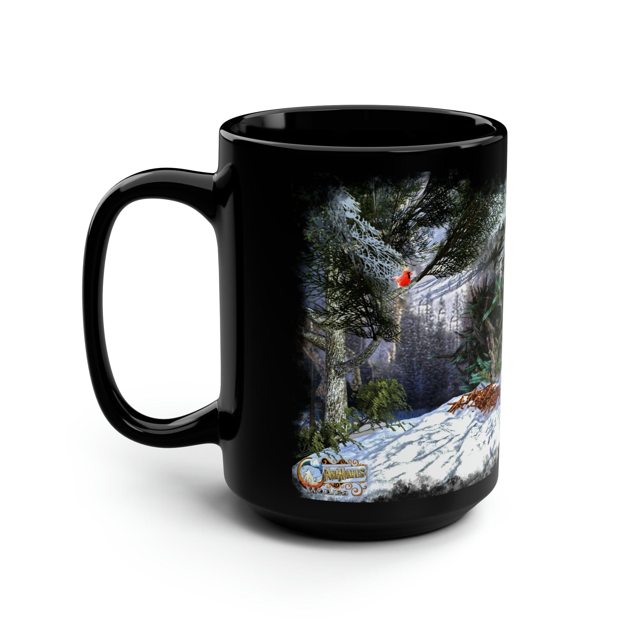 Anihowls™ ~ WOLF PUPS WINTER CARDINAL, Black Mug, 15oz