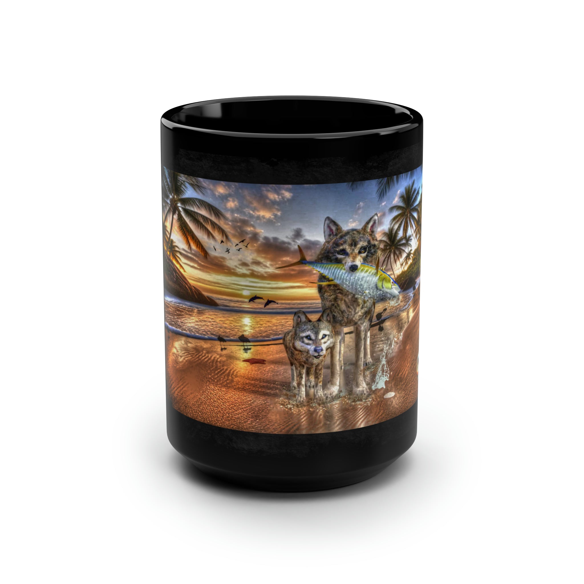 Anihowls™ ~ WOLVES ON BEACH, Black Mug, 15oz