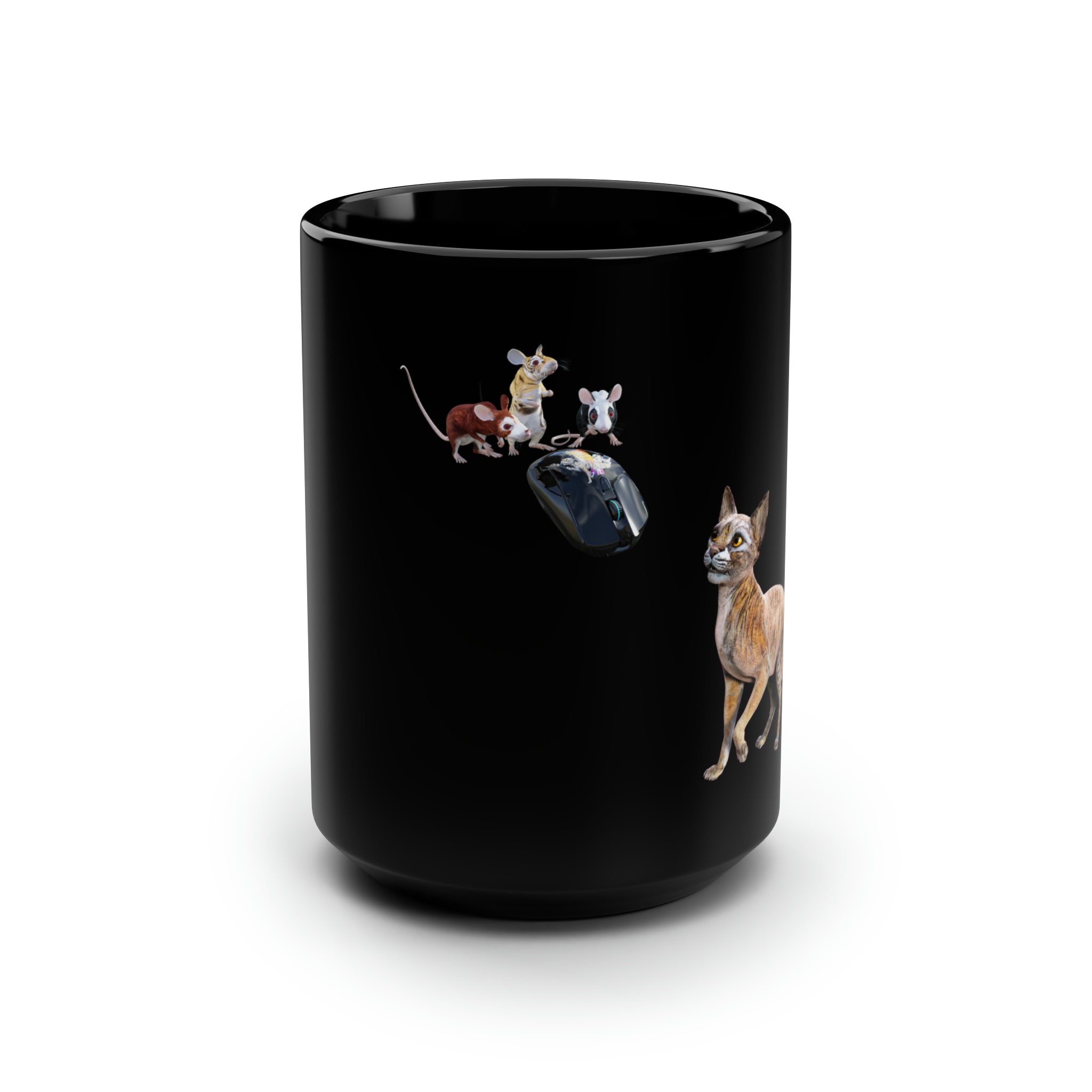 Tiger Sphinx Cat ~ 3 MICE, Black Mug, 15oz