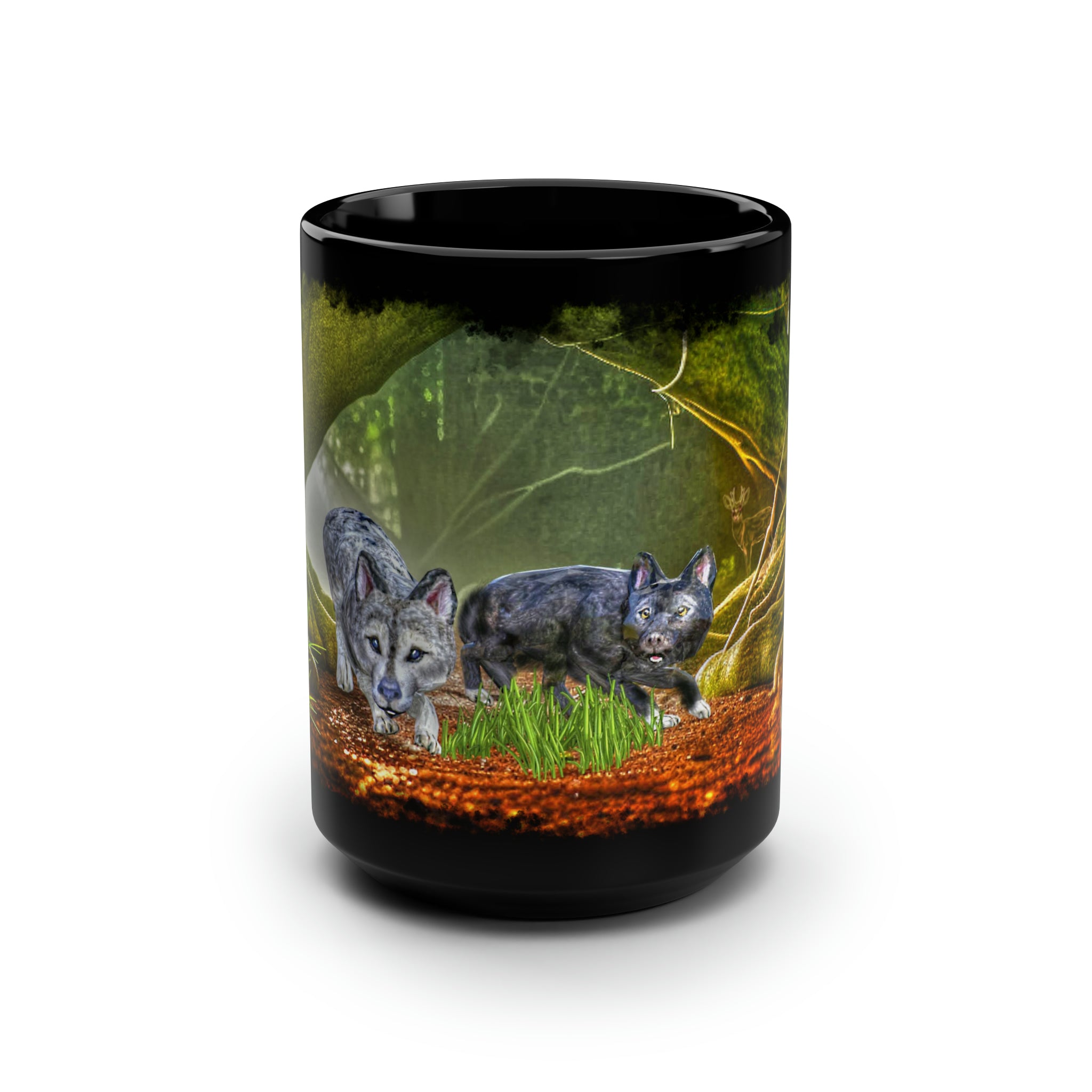 Anihowls™ ~ WOLF PUPS EXPLORING, Black Mug, 15oz