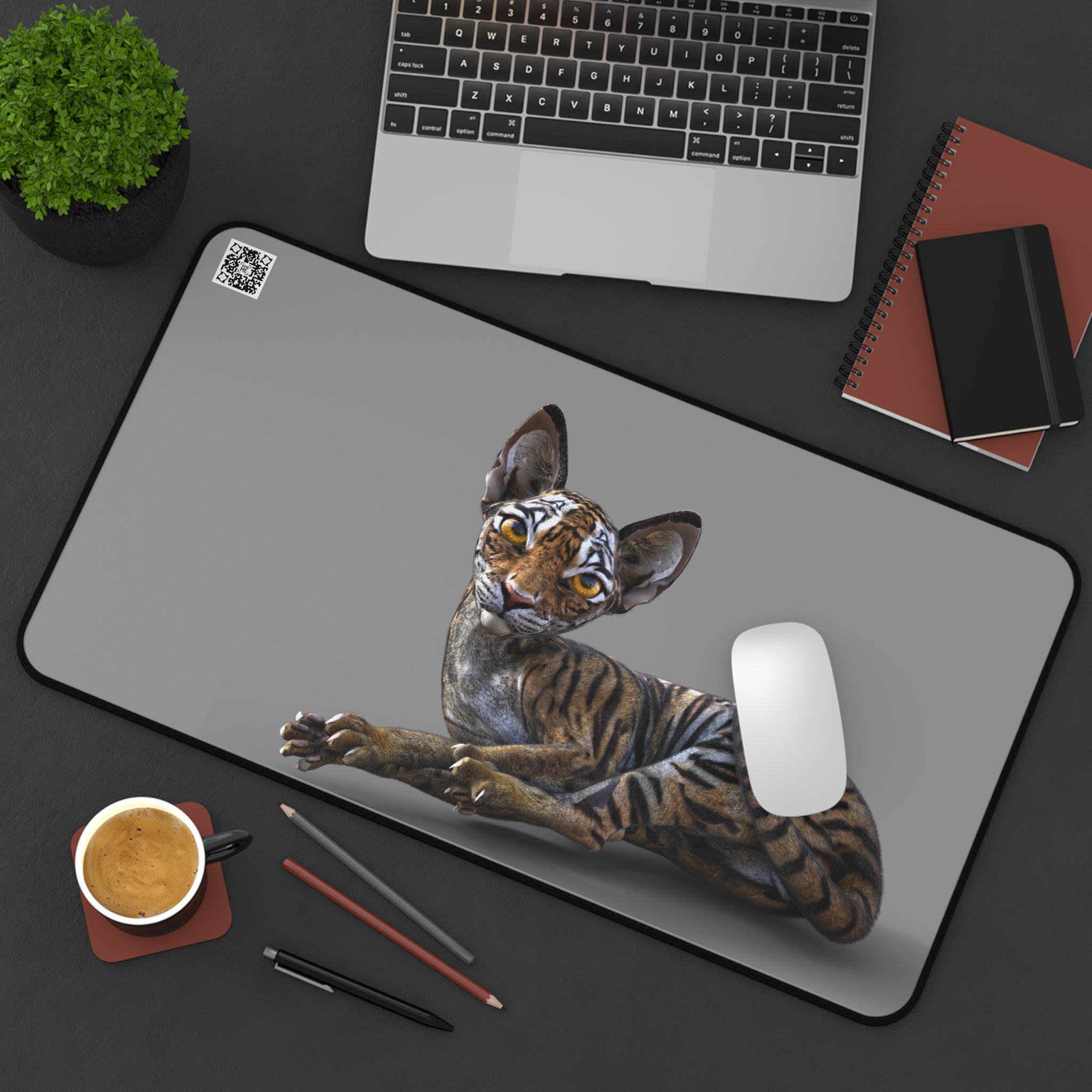 Tiger Sphynx Cat LOOKING AT YOU ~ Grey Desk Mat