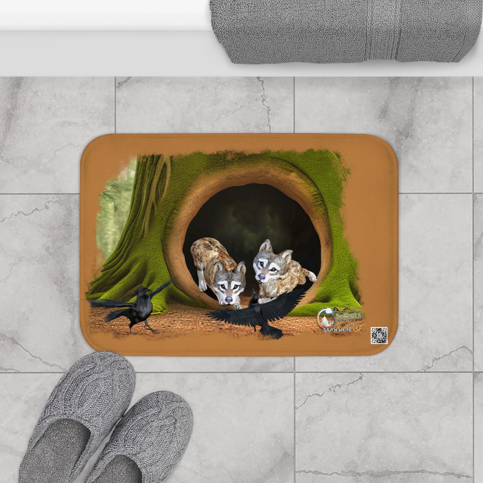 Anihowls™ ~ WOLF PUPS WITH CROWS Bath Mat