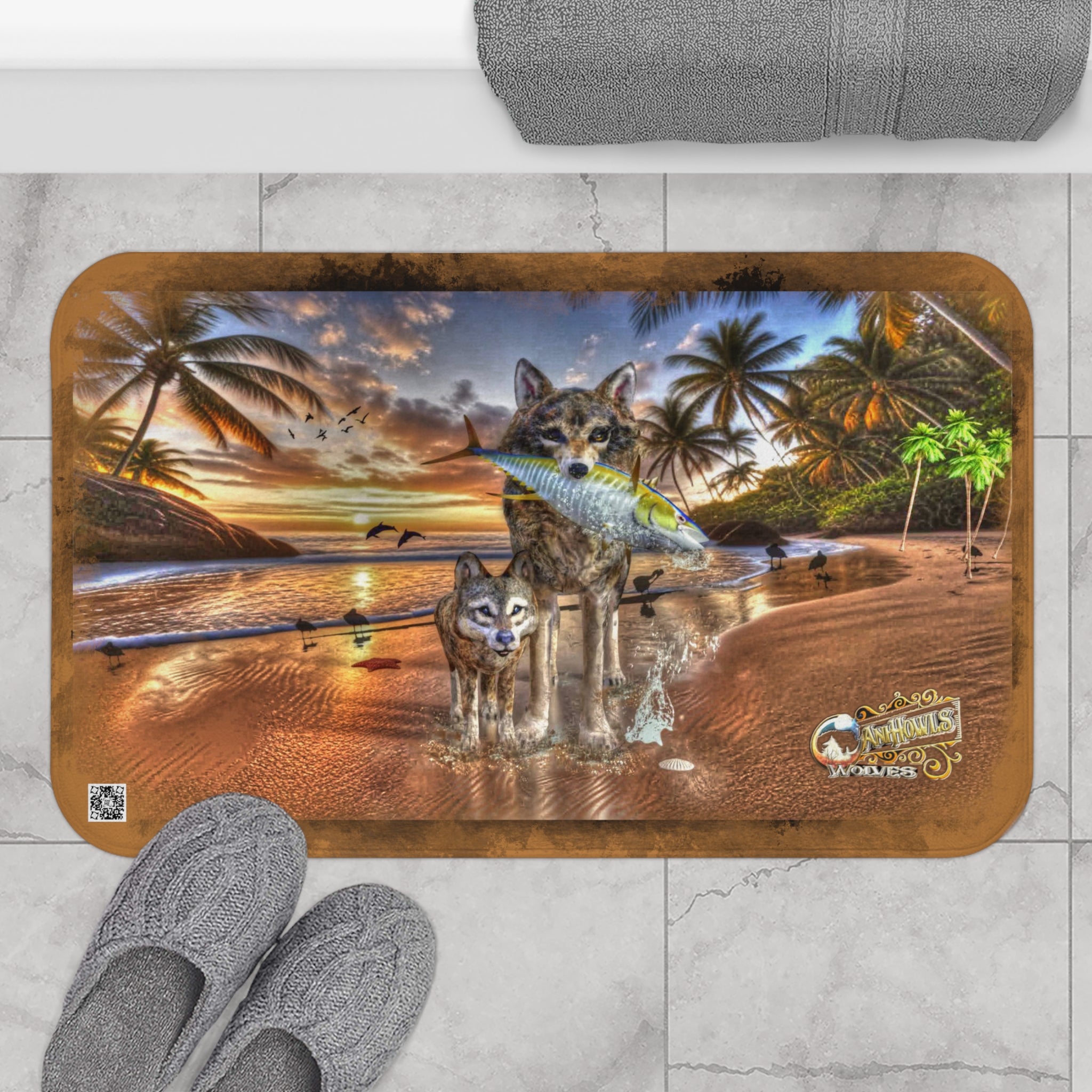 Anihowls™ ~ WOLVES ON THE BEACH Bath Mat