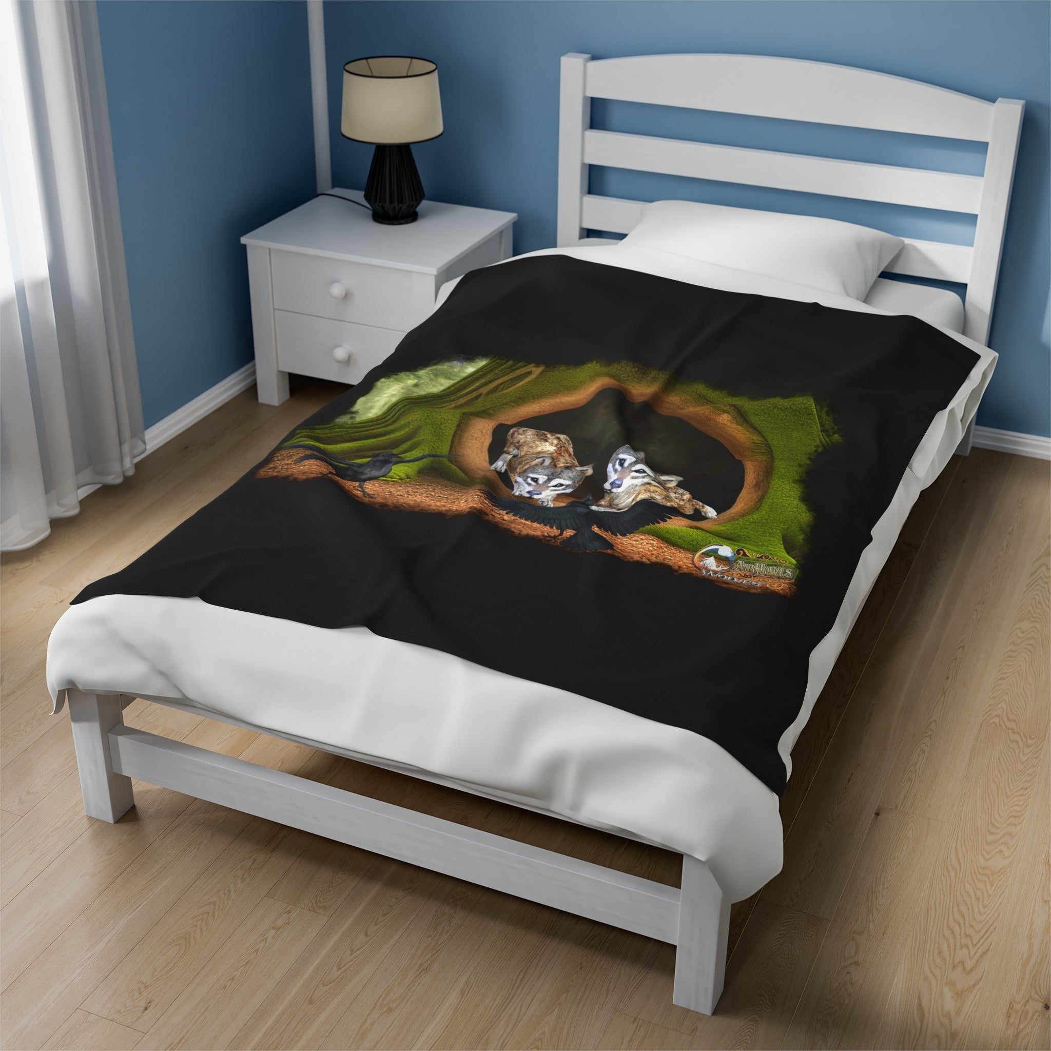 Anihowls™ Wolves ~ PUPS WITH CROWS Velveteen Plush Blanket