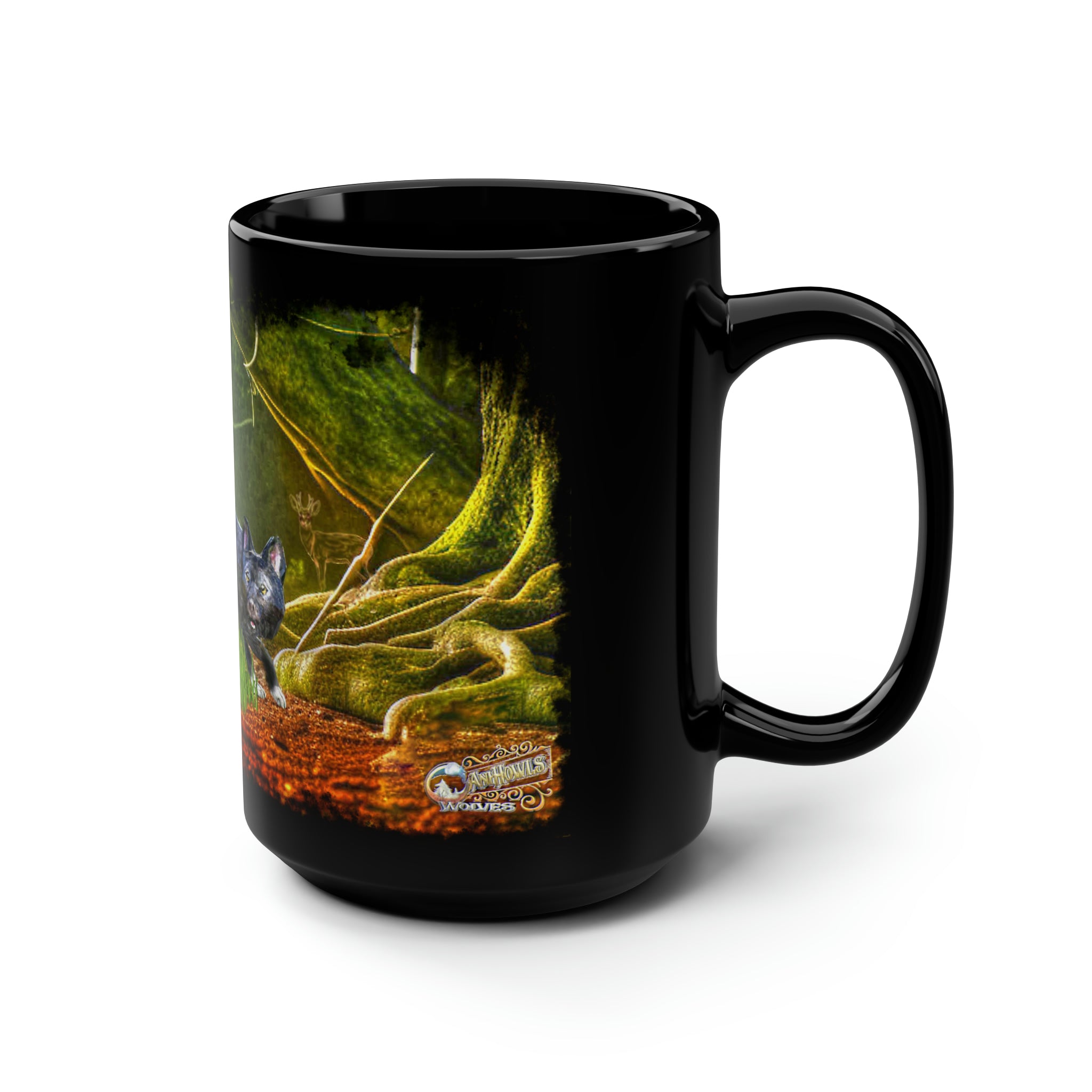 Anihowls™ ~ WOLF PUPS EXPLORING, Black Mug, 15oz