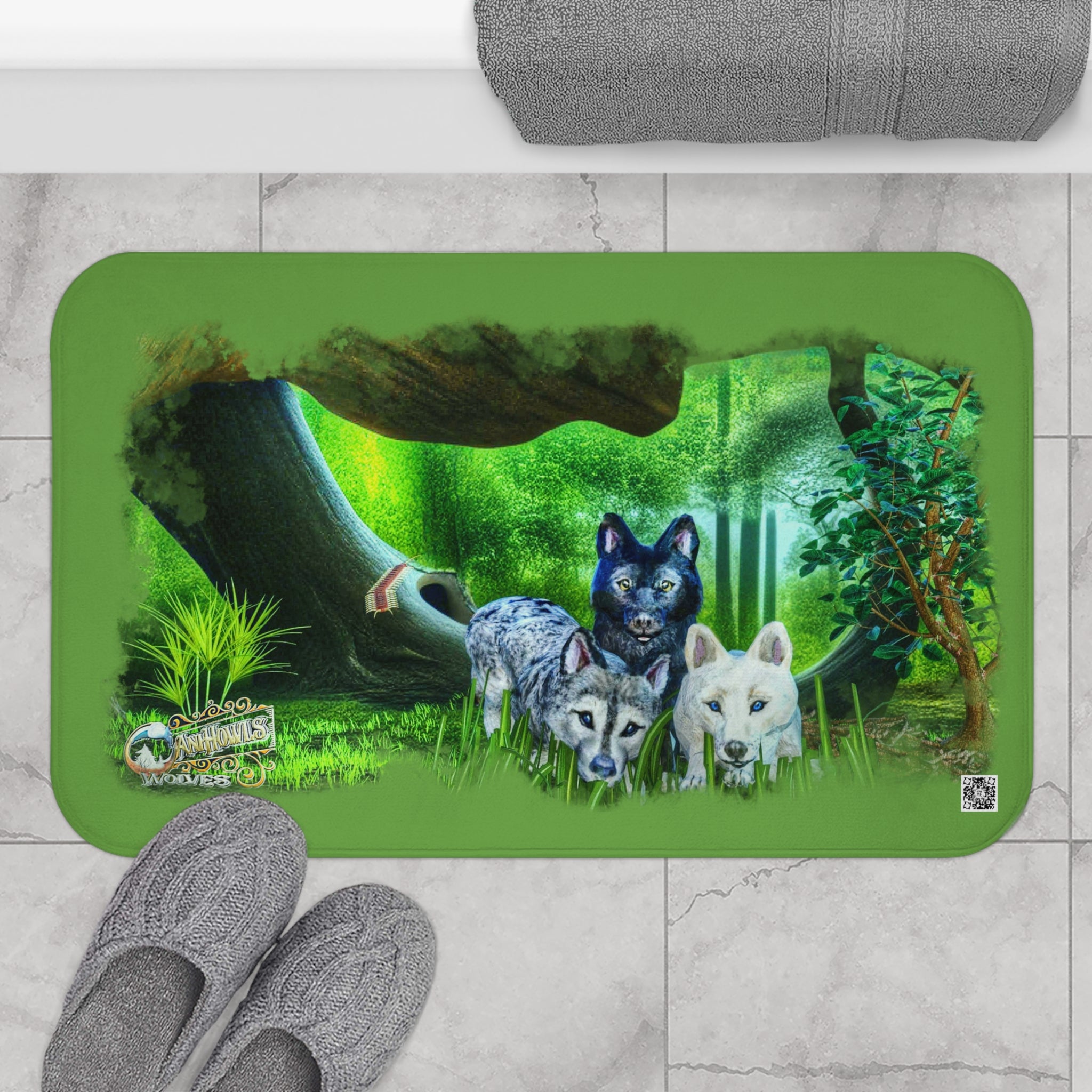 Anihowls™ ~ Wolf Pups PORTRAIT IN THE WOODS, Green Bath Mat