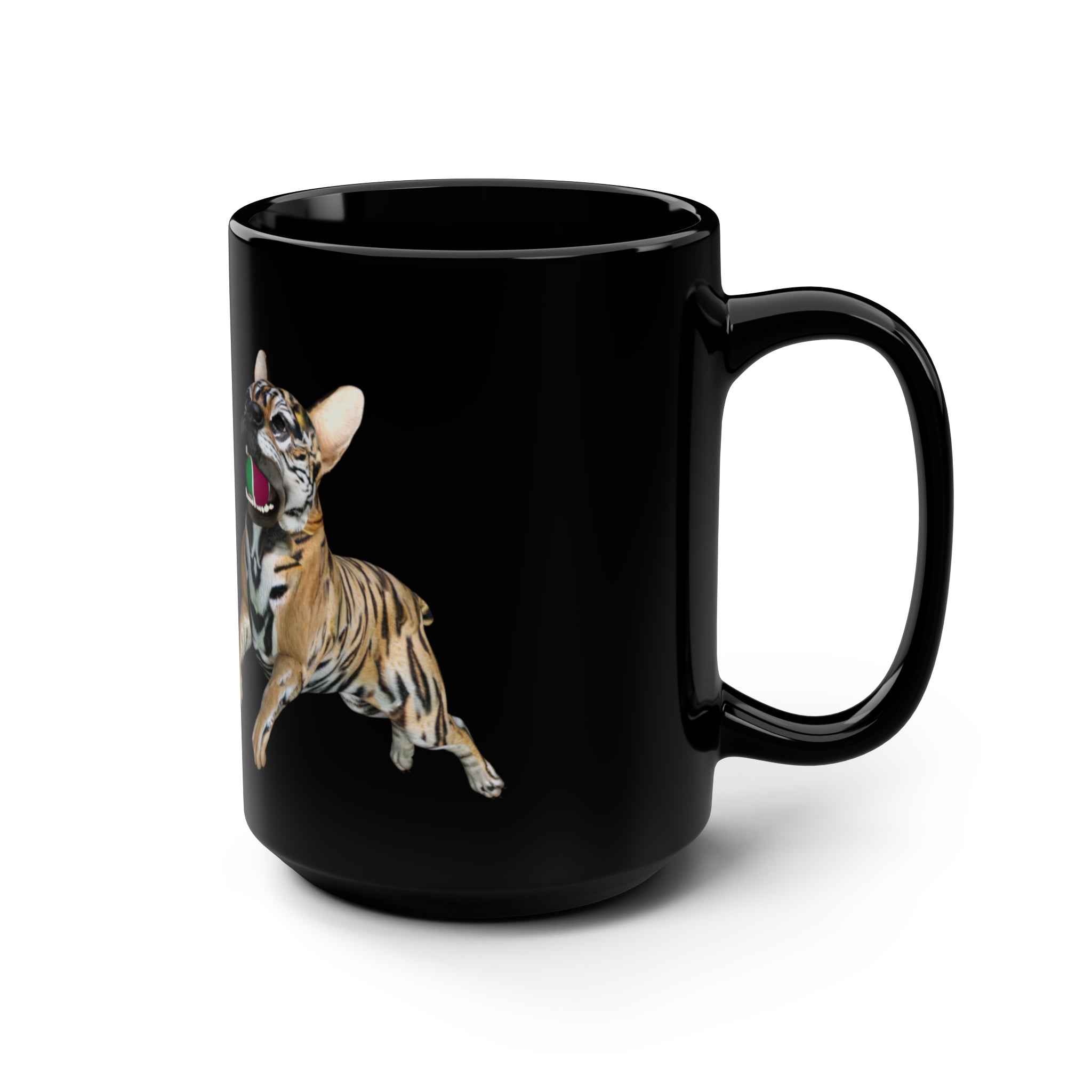 Tiger Frenchie (French Bulldog) TENNIS BALL ~ Black Mug, 15oz *Limited Edition