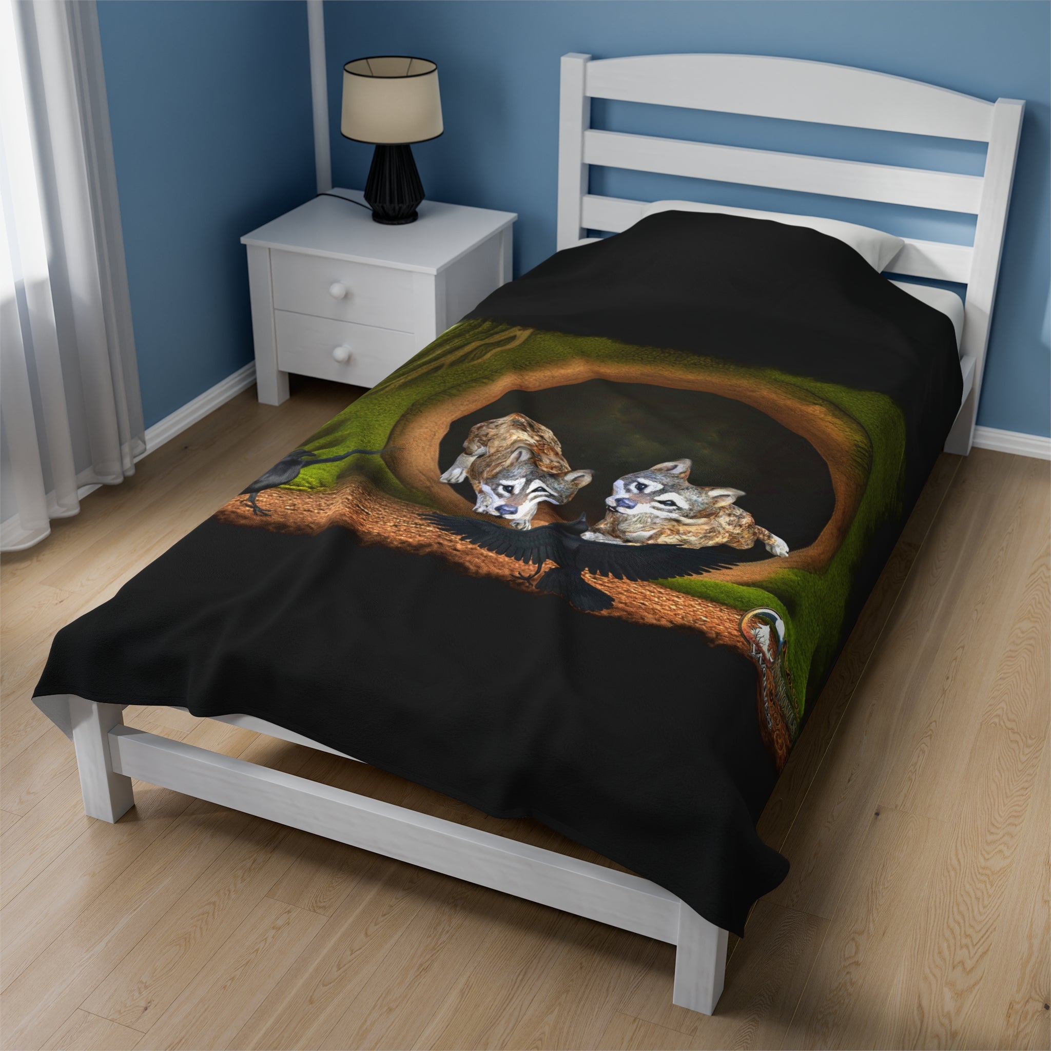 Anihowls™ Wolves ~ PUPS WITH CROWS Velveteen Plush Blanket