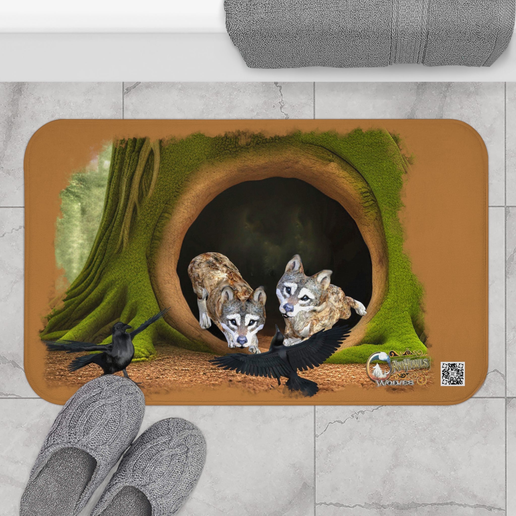 Anihowls™ ~ WOLF PUPS WITH CROWS Bath Mat