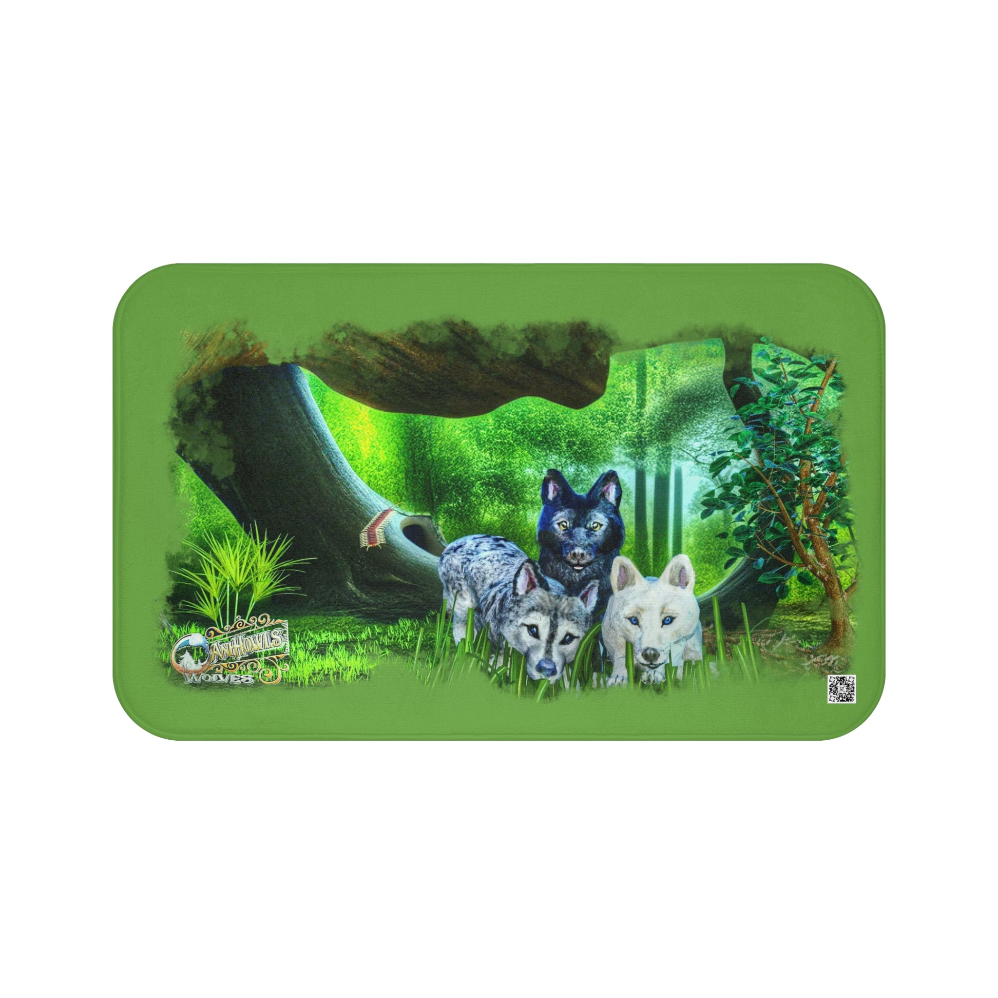 Anihowls™ ~ Wolf Pups PORTRAIT IN THE WOODS, Green Bath Mat