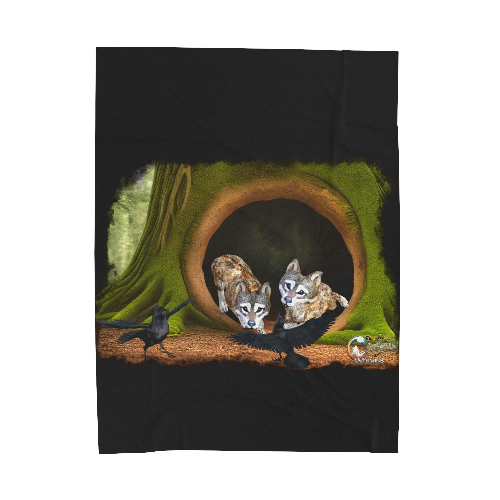 Anihowls™ Wolves ~ PUPS WITH CROWS Velveteen Plush Blanket