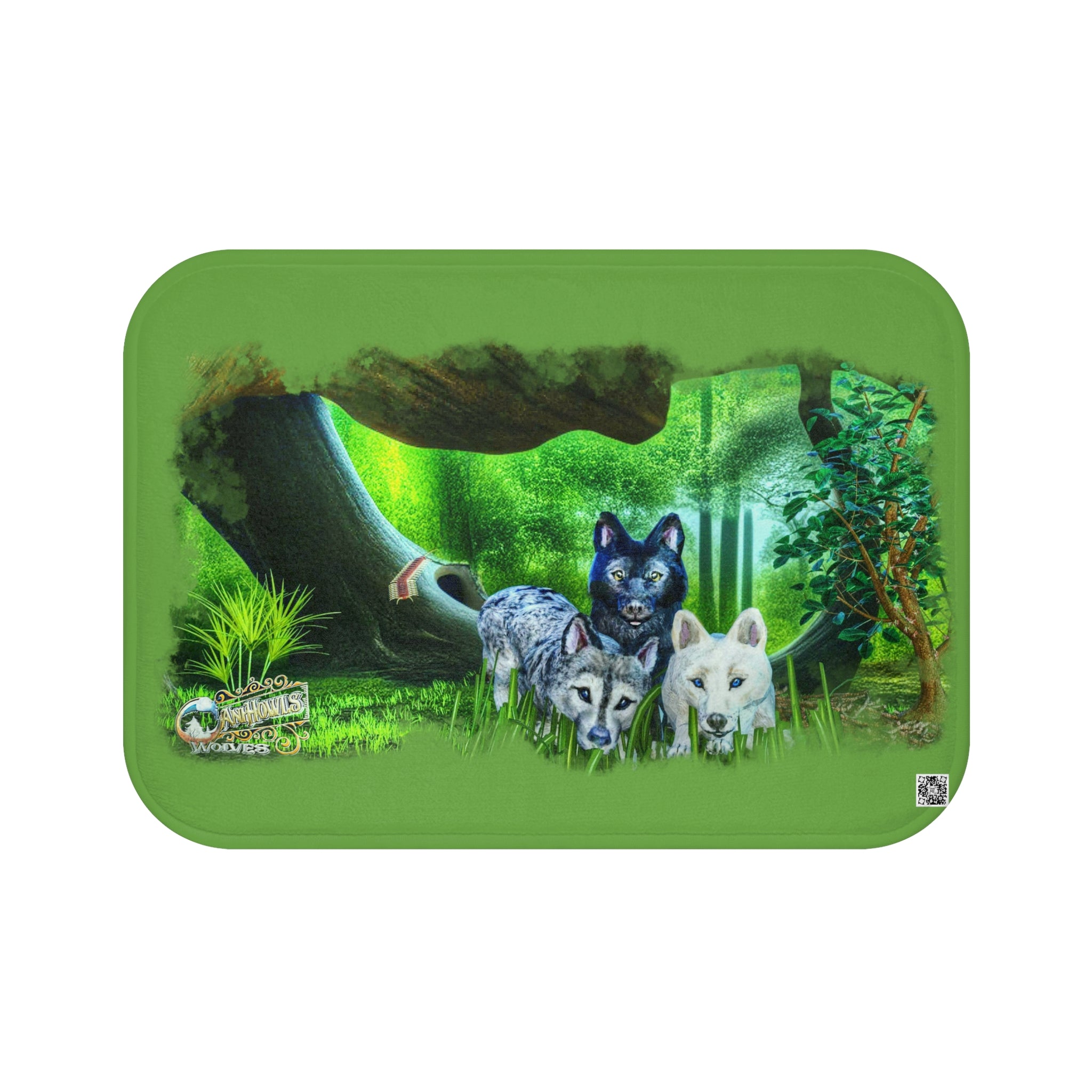 Anihowls™ ~ Wolf Pups PORTRAIT IN THE WOODS, Green Bath Mat