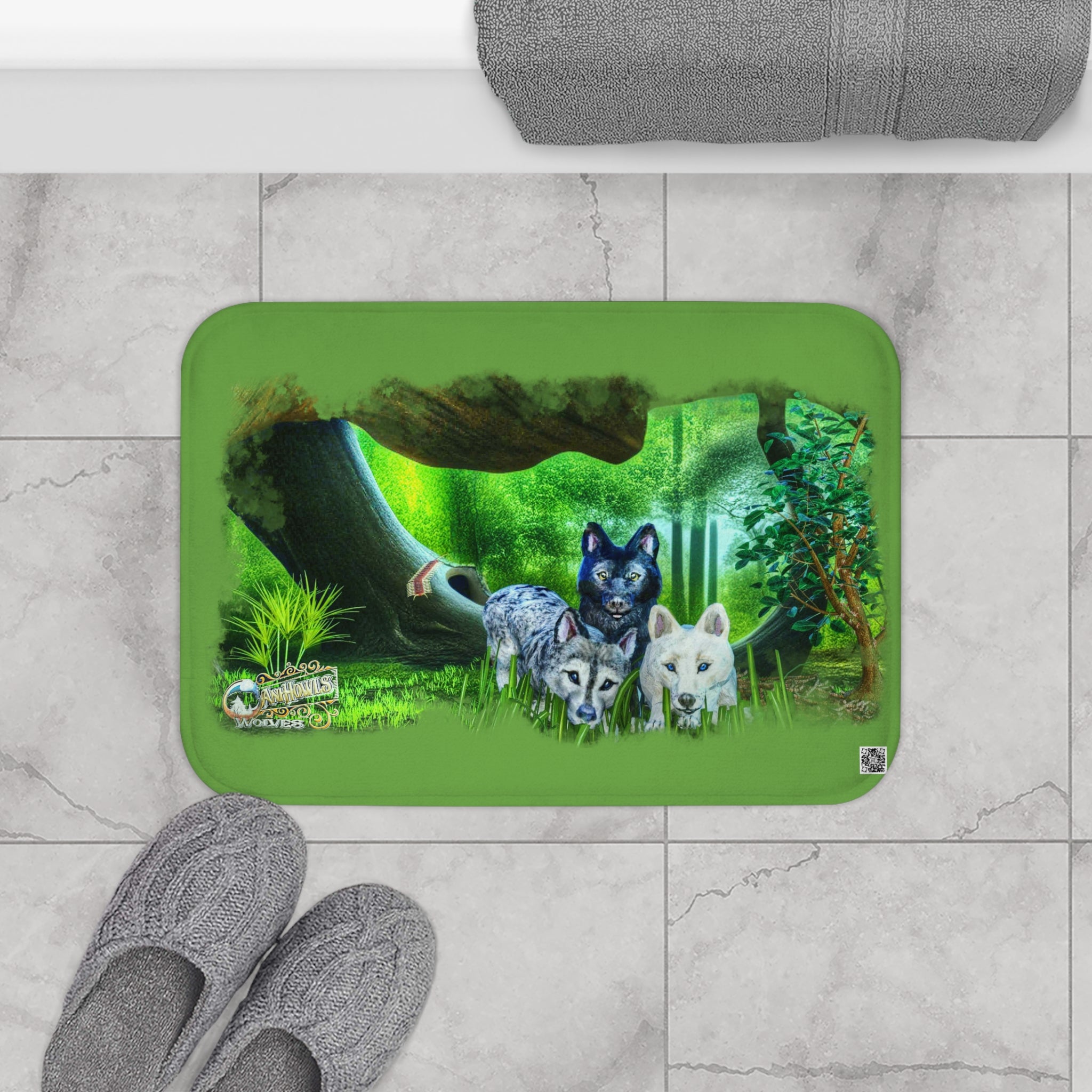 Anihowls™ ~ Wolf Pups PORTRAIT IN THE WOODS, Green Bath Mat