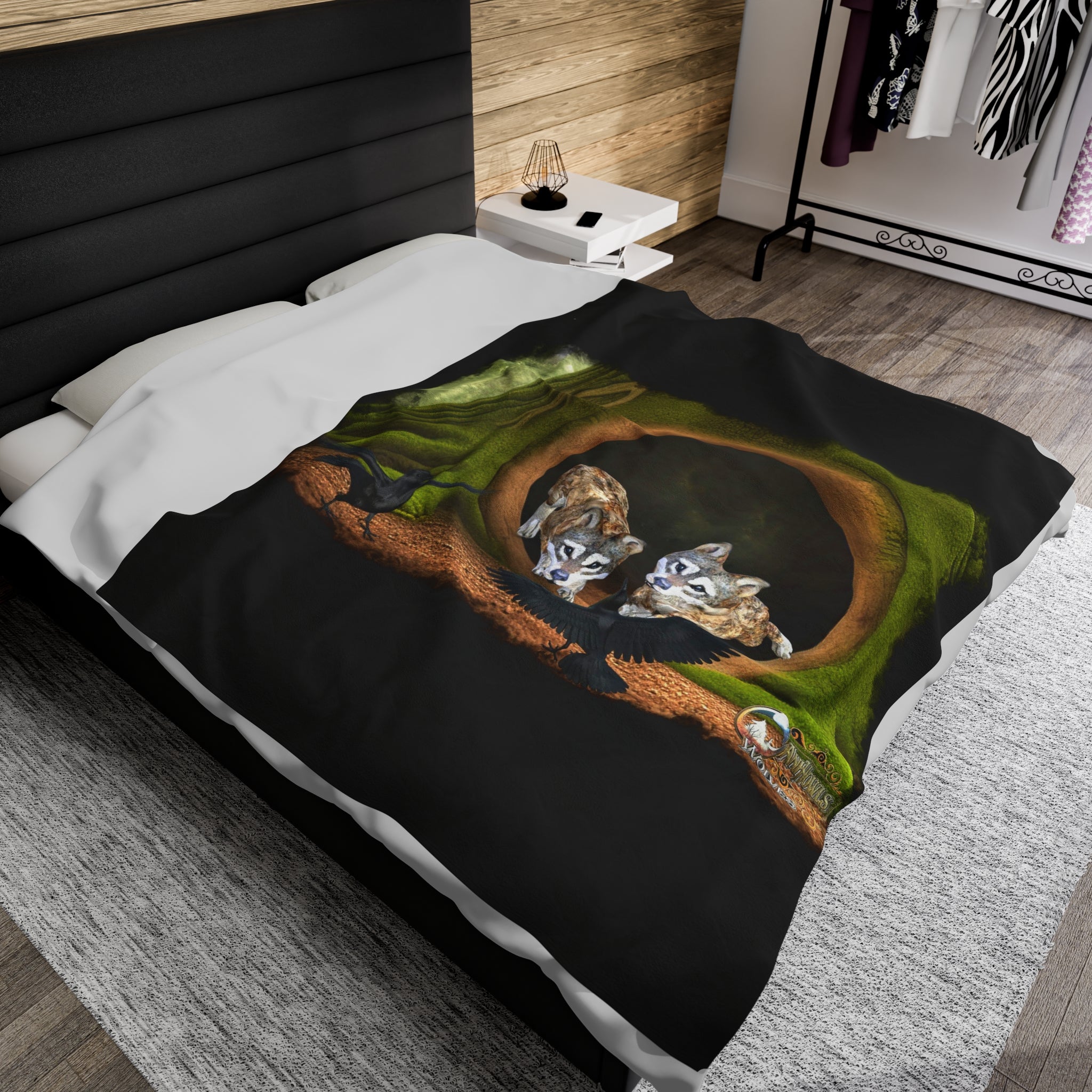 Anihowls™ Wolves ~ PUPS WITH CROWS Velveteen Plush Blanket